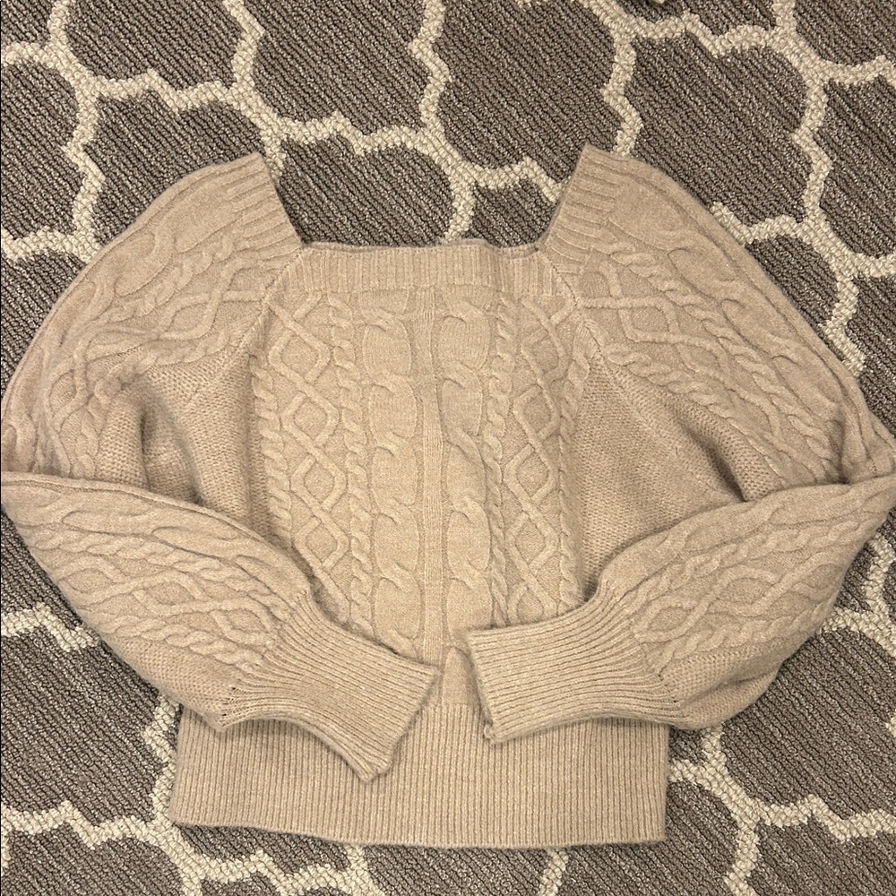 Cable Knit Balloon Sleeve Sweater - Beige one sized